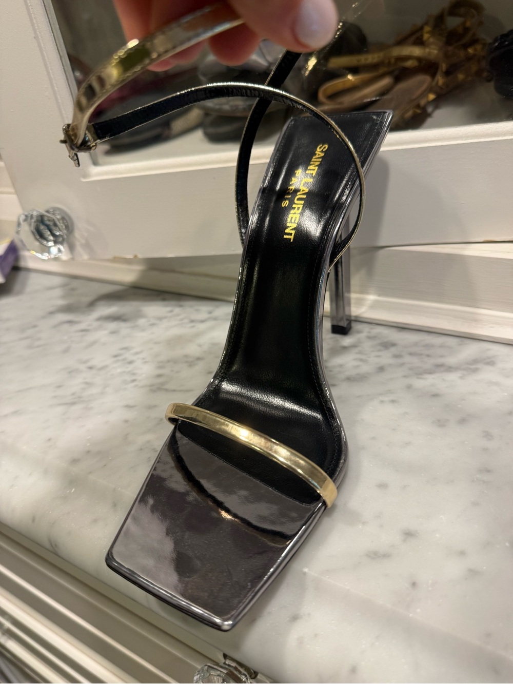 Saint Laurent Black and Gold Square-Toe Stiletto Sandals